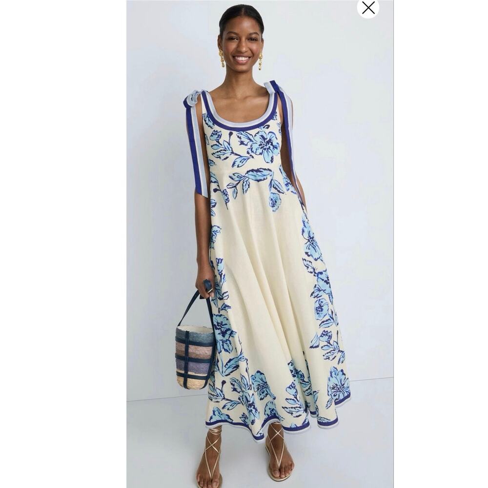 ASTON STUDIO Blue White Elodie Garden Floral Linen/Cotton Scoop Neck Dress sz 2